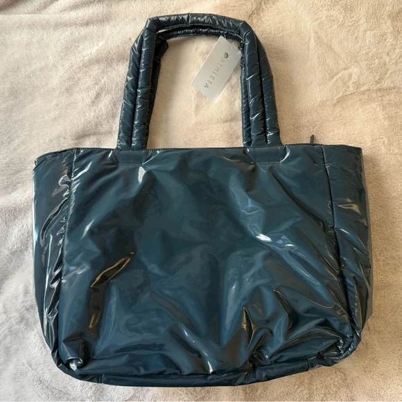 NWT Athleta All About Shine Puff Tote Bag Teal Cypress - Picture 12 of 13